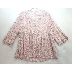 Cynthia Rowley 2X Button Up Shirt Floral Roll Tab Sleeves